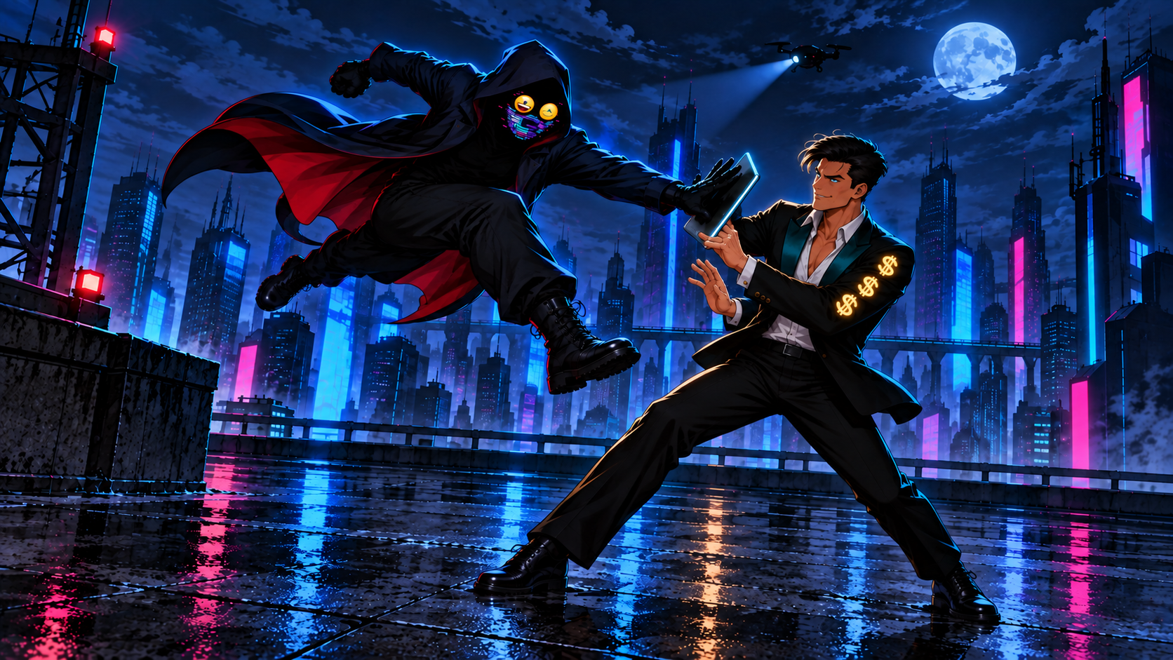 Batzilla fights Exit Lord at Neon Night Skyline. Batzilla drops from the Neon Night Skyline and interrupts the handshake that was meant to buy Exit Lord another escape.