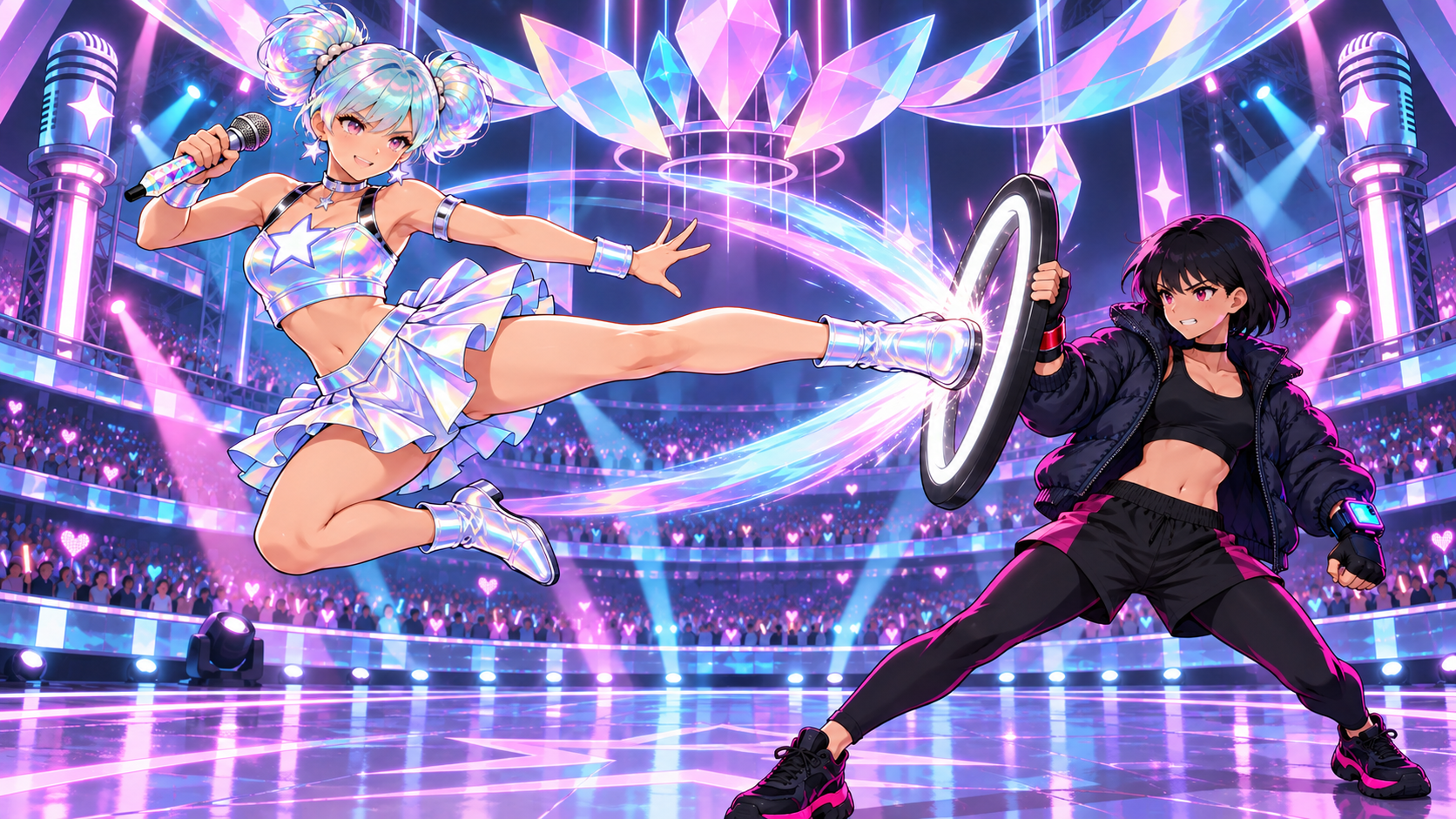 Bronze Warrior fights Iron Gladiator at Mint Night Amphitheatre. Bronze Warrior changes the chorus into a flying counter beneath the prismatic petals of Mint Night.