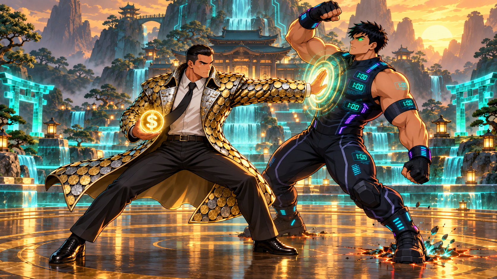 DeFi Monk fights Liquidator at Liquidity Dojo. DeFi Monk meets Liquidator’s force with a measured palm strike beside the Liquidity Dojo’s glowing pools.
