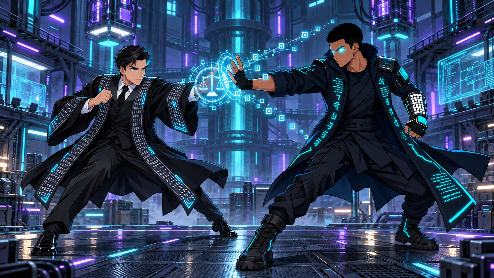 Flame Striker fights Contract Killer at Mainnet Workshop. Flame Striker reads the fixed sequence and redirects a clause through the running heart of the Mainnet Workshop.