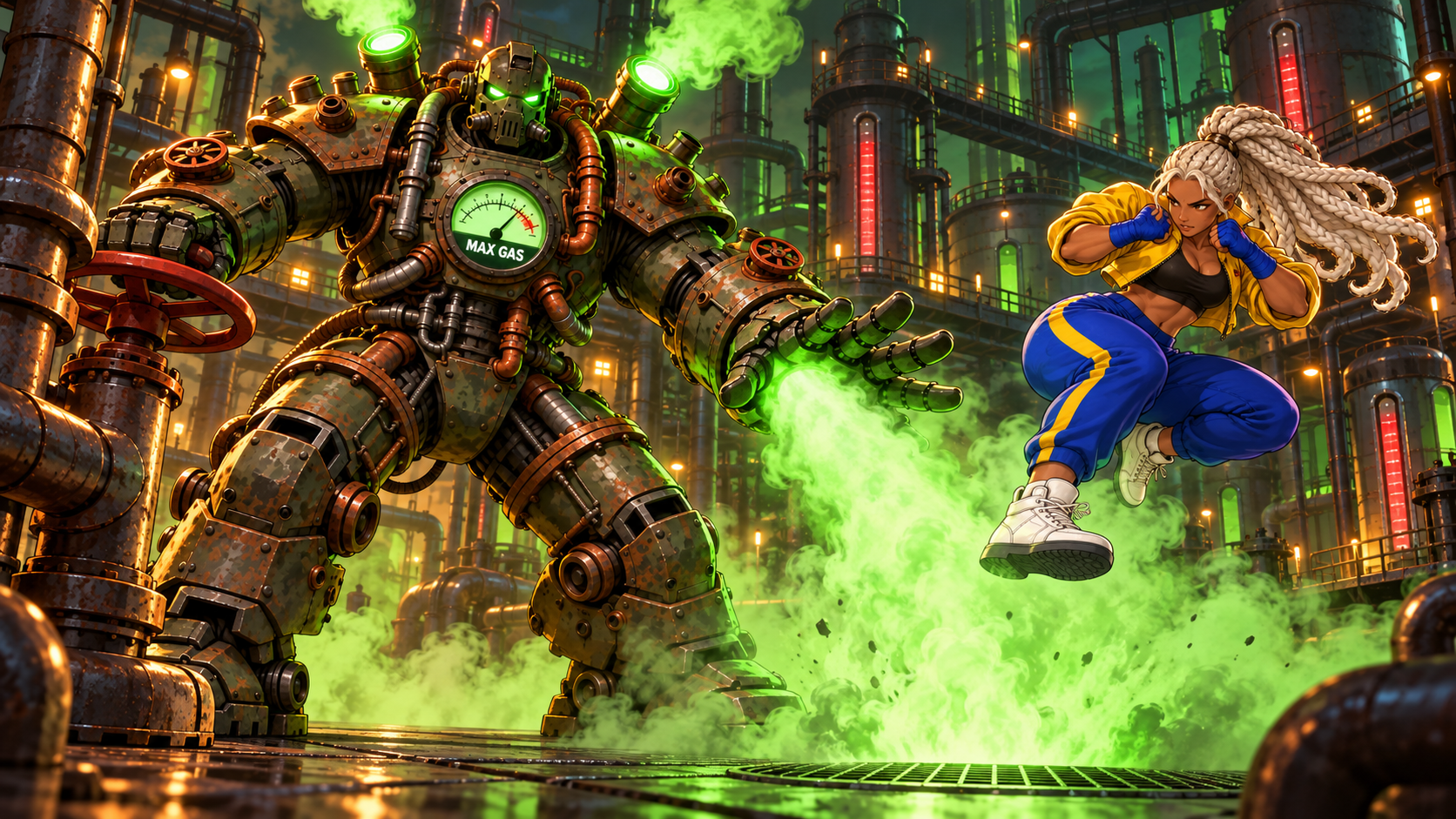Gaslord fights Vex at Gas Refinery. Gaslord turns a valve and forces Vex over a toxic surge in the Gas Refinery.