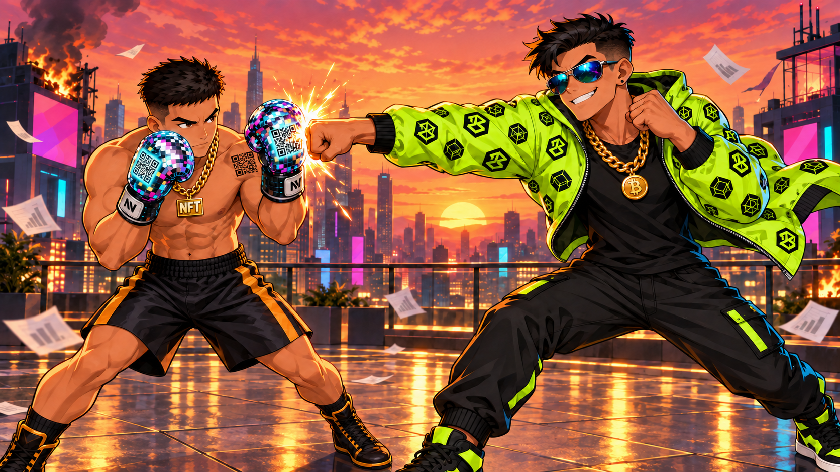 Hustlebro fights NFT Boxer at Startup Rooftop. Hustlebro pours rooftop hype into a rushing punch as NFT Boxer absorbs it with a compact guard.