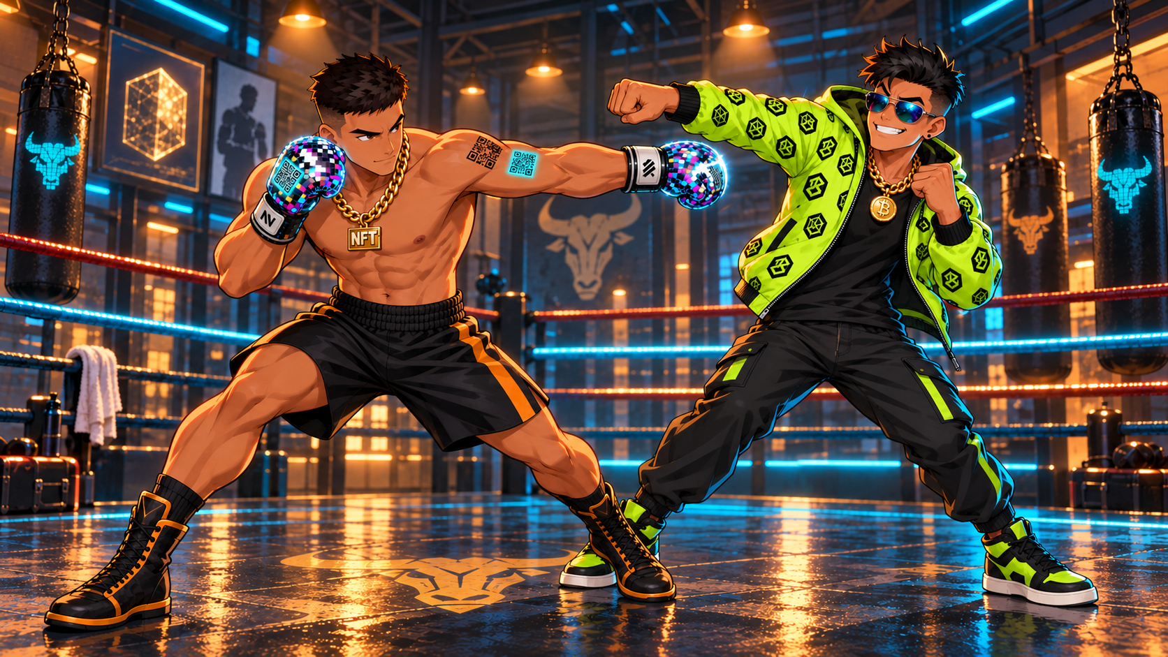 NFT Boxer fights Hustlebro at Neon Boxing Gym. NFT Boxer answers Hustlebro’s wild swing with one precise counter in the Neon Boxing Gym.