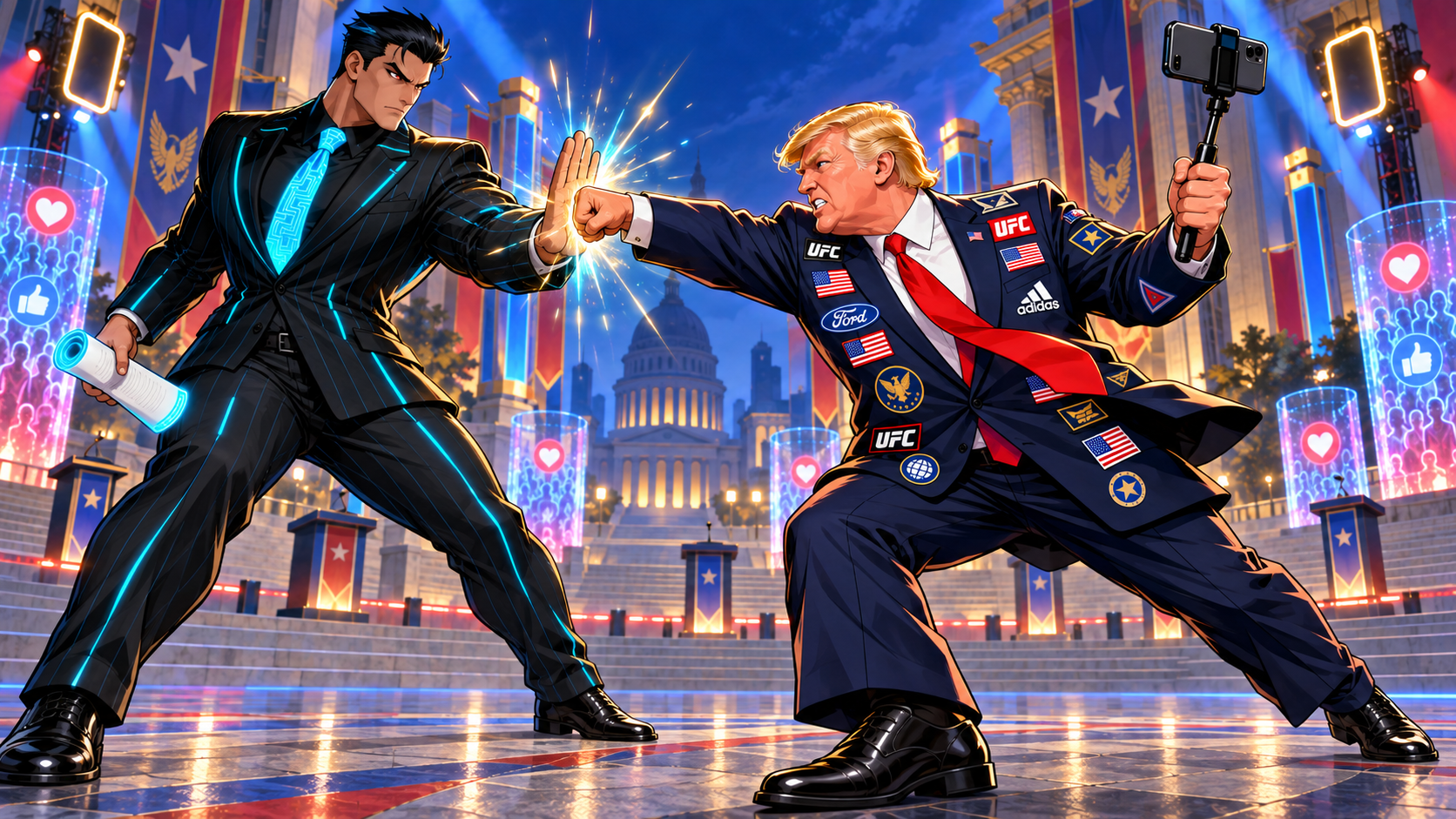 Stone Warrior fights Lead Brawler at Delegate Plaza. Stone Warrior turns an unscripted challenge into a centre-stage clash with the Term-Sheet Tyrant.