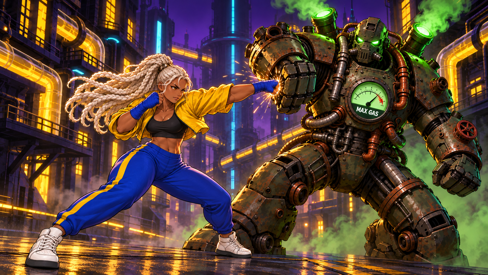 Vex fights Gaslord at Mempool Backstreet. Vex slips past Gaslord’s guard as gold routing lights race through Mempool Backstreet.