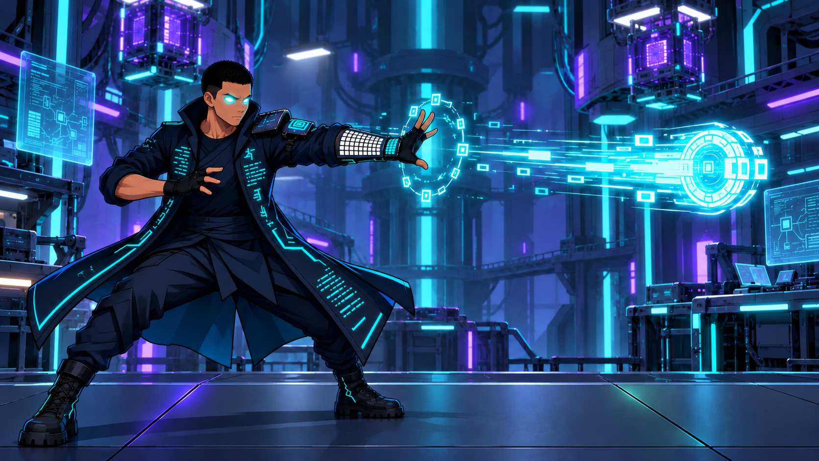 Flame Striker performs Trace Cast. Cyan code-runes trace a precisely committed cast.