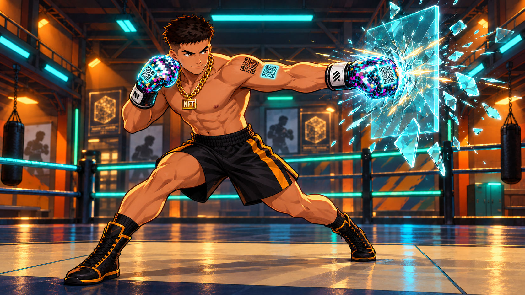 NFT Boxer performs Genesis Cross. A clean cross frames the provenance of a veteran's technique.