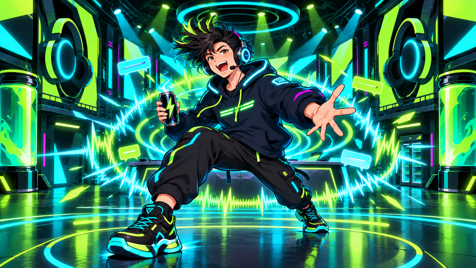 Quantum Mage performs Live Reaction. A luminous live reaction surges with the broadcast's changing mood.