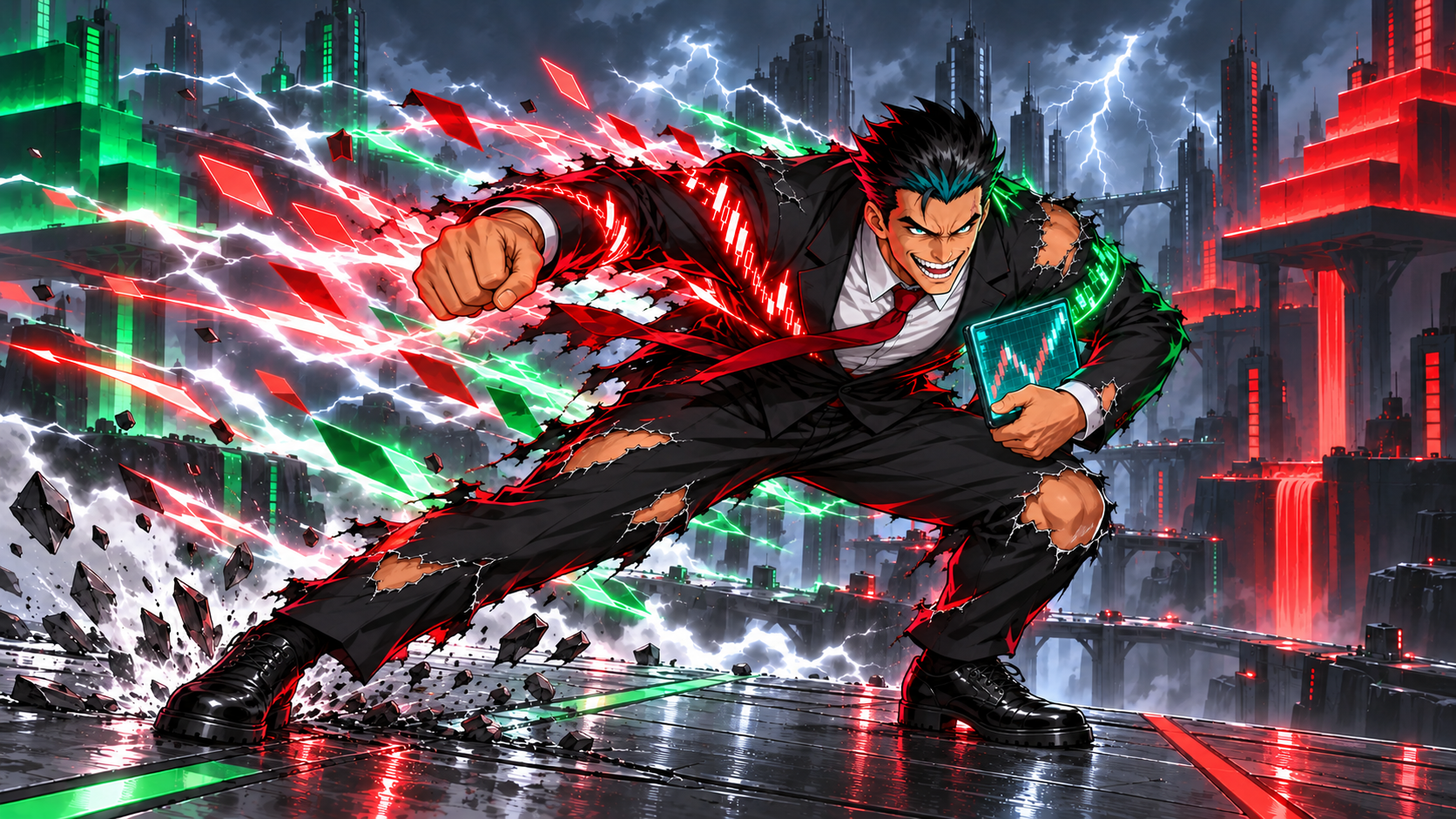 Thunder Knight performs Margin Call. A storm-lit margin call turns leverage into a heavy charge.